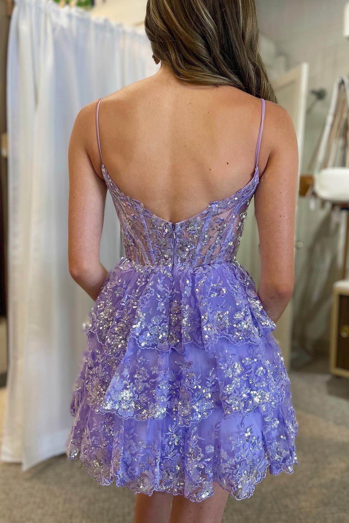 2025 Lavender Short Prom Dress Sequined Multi-Layers Tulle Homecoming Dress - MyChicDress
