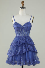 Layered Short 2025 Navy Blue Homecoming Dress Sequins Corset Straps Grad Dress - MyChicDress