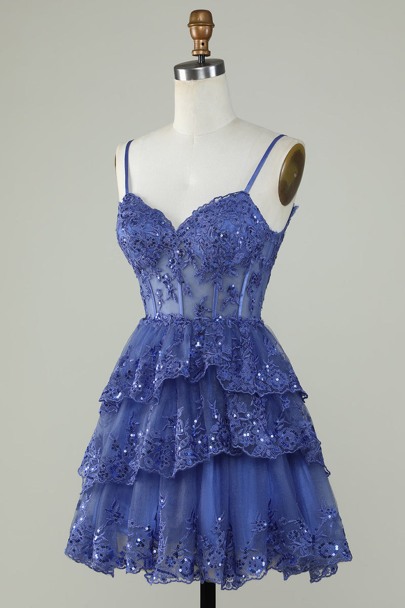 Layered Short 2025 Navy Blue Homecoming Dress Sequins Corset Straps Grad Dress - MyChicDress