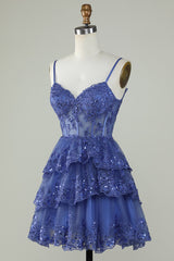 Layered Short 2025 Navy Blue Homecoming Dress Sequins Corset Straps Grad Dress - MyChicDress
