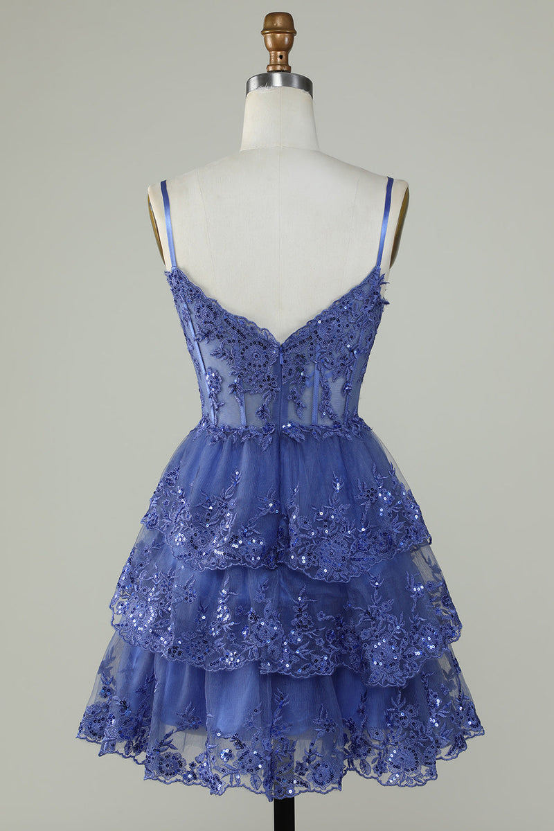 Layered Short 2025 Navy Blue Homecoming Dress Sequins Corset Straps Grad Dress - MyChicDress