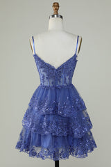 Layered Short 2025 Navy Blue Homecoming Dress Sequins Corset Straps Grad Dress - MyChicDress
