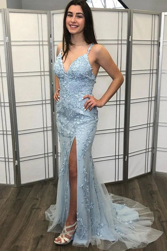 Light Blue Lace Graduation Dress Mermaid Long Formal Dress - MyChicDress