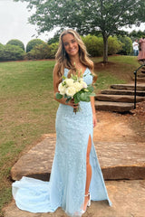 Light Blue Lace Graduation Dress Mermaid Long Formal Dress