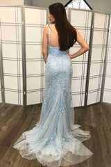 Light Blue Lace Graduation Dress Mermaid Long Formal Dress
