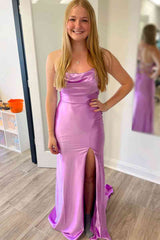 Lilac Long Evening Dress Sleeveless Cowl Neck Satin Prom Dress - MyChicDress