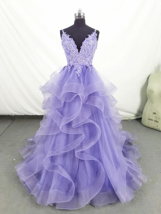 Lilac Purple prom Dresses Tiered Staps Evening Gowns Lace – MyChicDress
