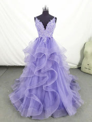 Lilac Purple prom Dresses Tiered Staps Evening Gowns Lace