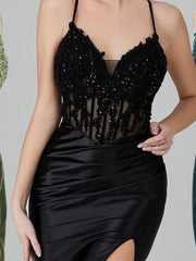 Long Green Evening Dresses Lace Straps Mermaid Ruched Formal Dress Appliques