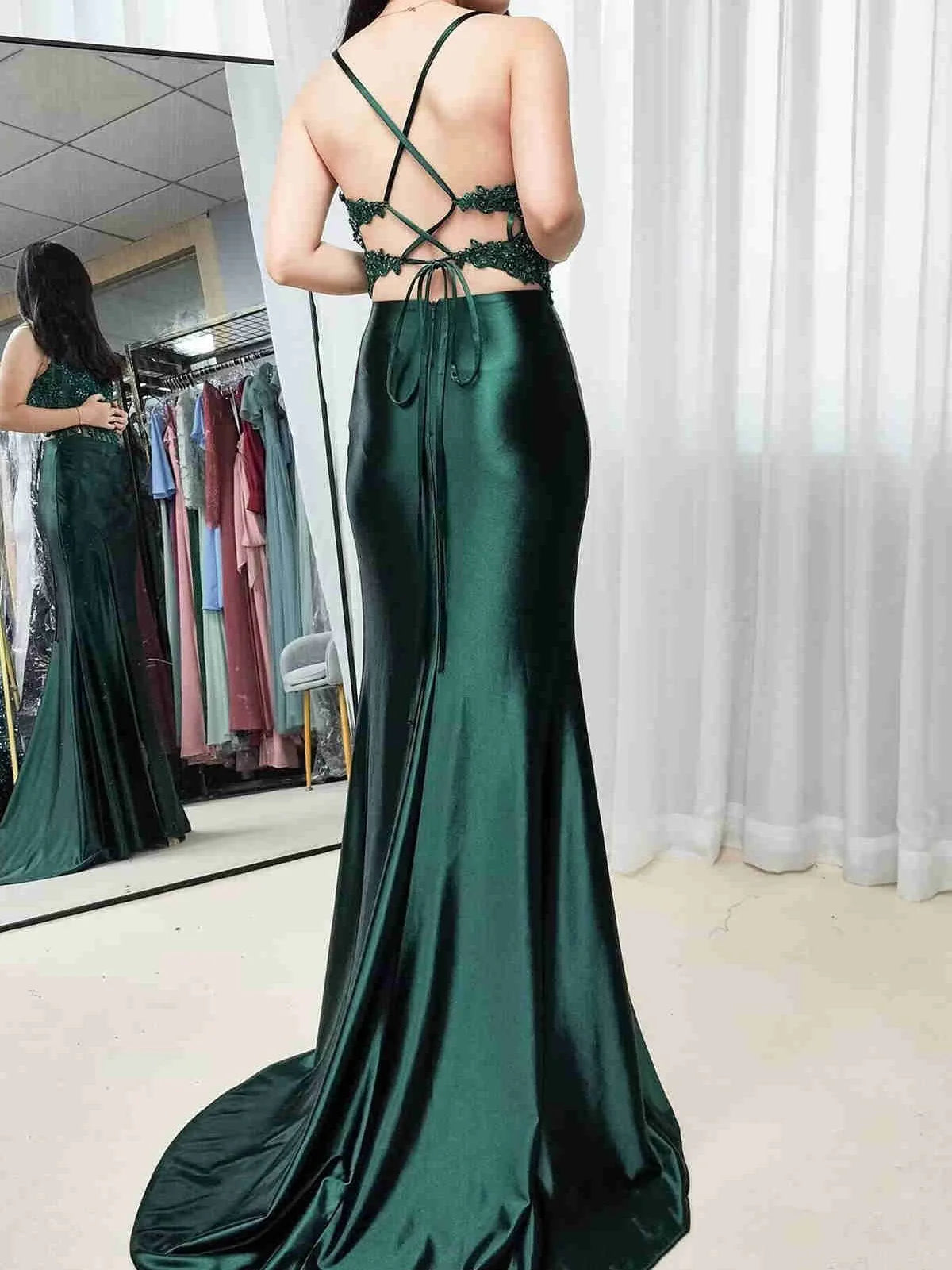 Long Green Evening Dresses Lace Straps Mermaid Ruched Formal Dress Appliques