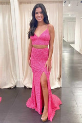 Long Sequin Mermaid Green Two Piece Prom Dresses