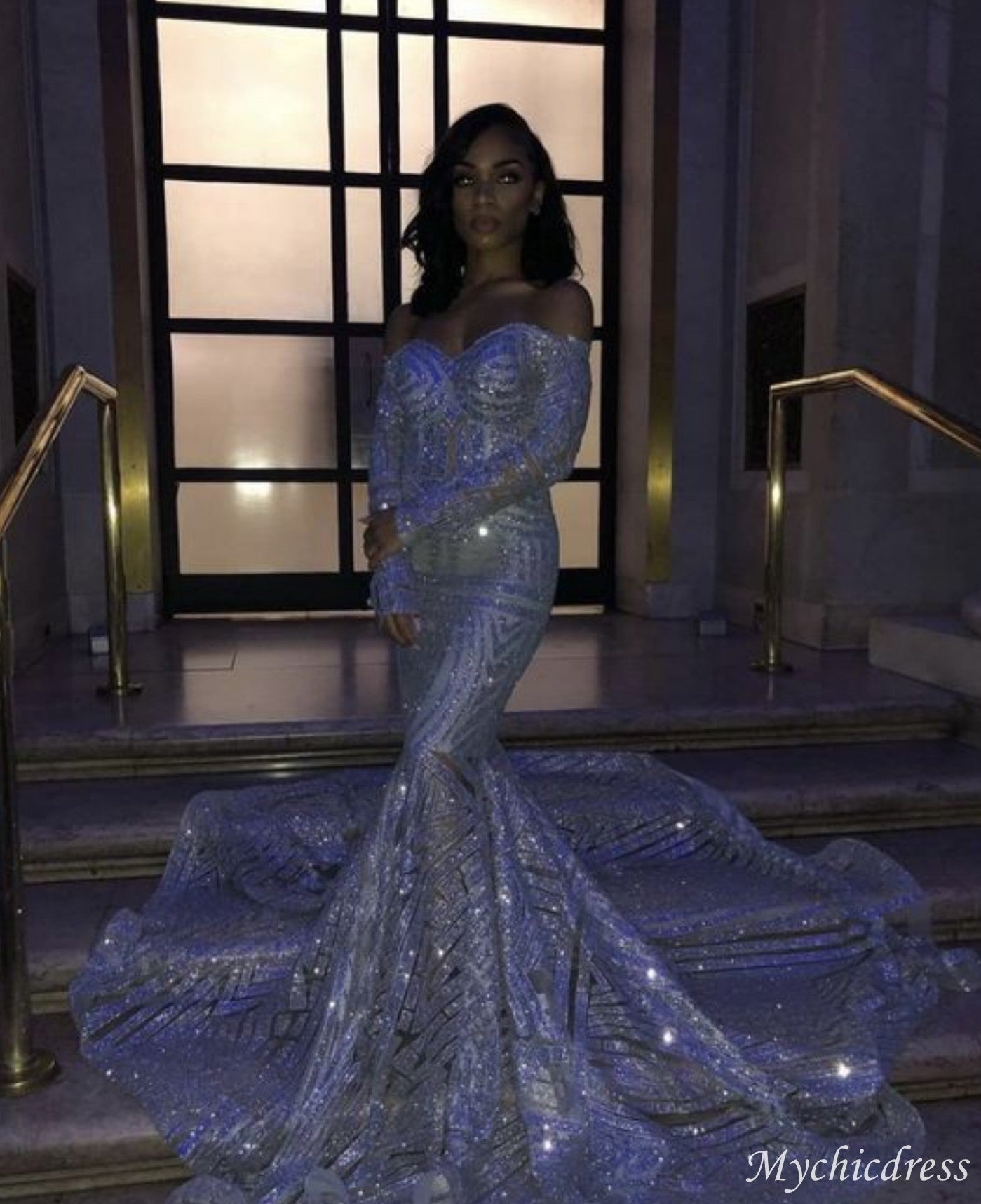 silver prom dresses 2025 Shimmery Mermaid Dress: Luxury African Design 35 days after your payment Silver Long Sleeve Prom Dress