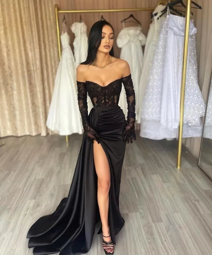 Long Sleeves Black Mermaid Lace Prom Dress Off-shoulder With Slit