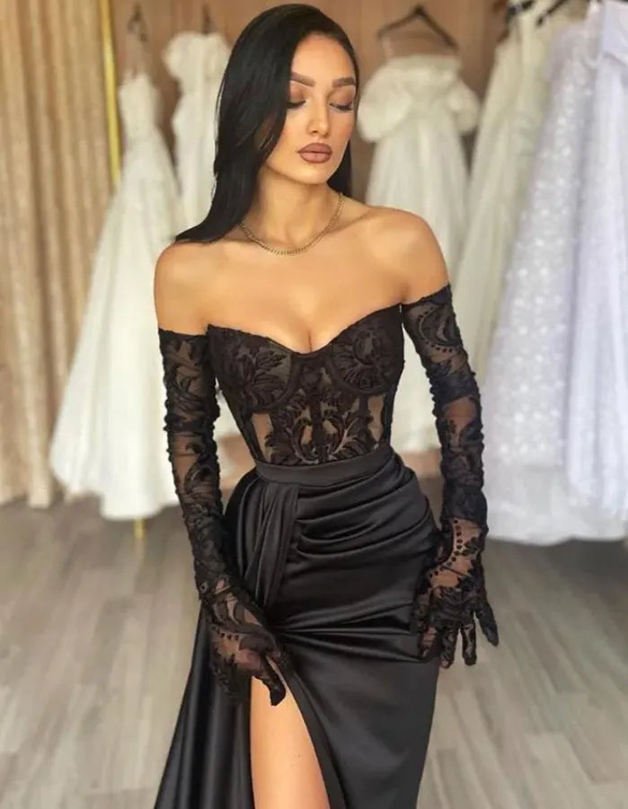 Long Sleeves Black Mermaid Lace Prom Dress Off-shoulder With Slit
