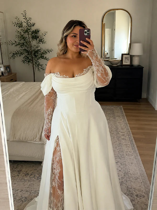 Long Sleeves Corset Wedding Dress Lace Trim A-line Wedding Gowns