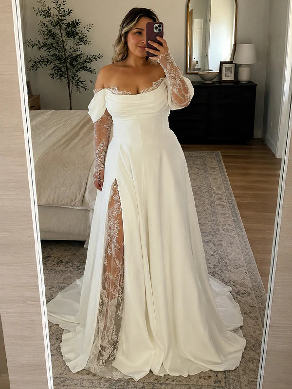 Long Sleeves Corset Wedding Dress Lace Trim A-line Wedding Gowns