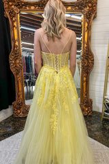 Long 2024 Yellow Floral Prom Dresses A-line Spaghetti Straps