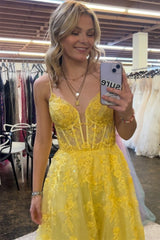 Long 2024 Yellow Floral Prom Dresses A-line Spaghetti Straps