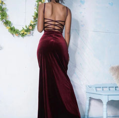 Long Burgundy Mermaid Velvet Evening Dress Square Neck - MyChicDress