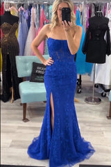 Long Corset Prom Dresses Lace Strapless Mermaid with Slit - MyChicDress