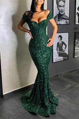 Long Dark Green Sequins Prom Dresses Mermaid UK Evening Dress - MyChicDress