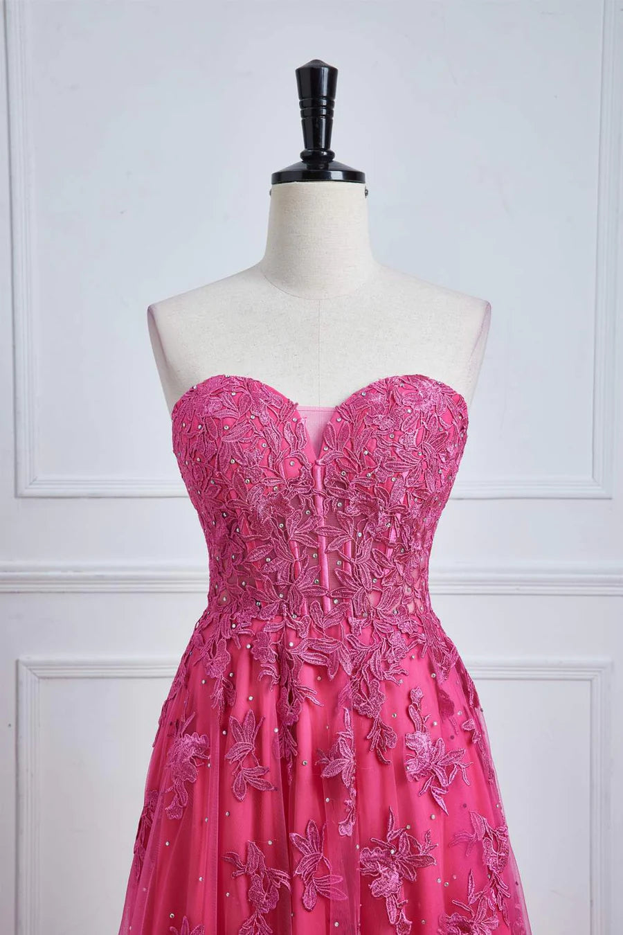 Long Fuchsia Prom Dresses Strapless A-line Floral Formal Wear Slit - MyChicDress