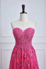Long Fuchsia Prom Dresses Strapless A-line Floral Formal Wear Slit - MyChicDress