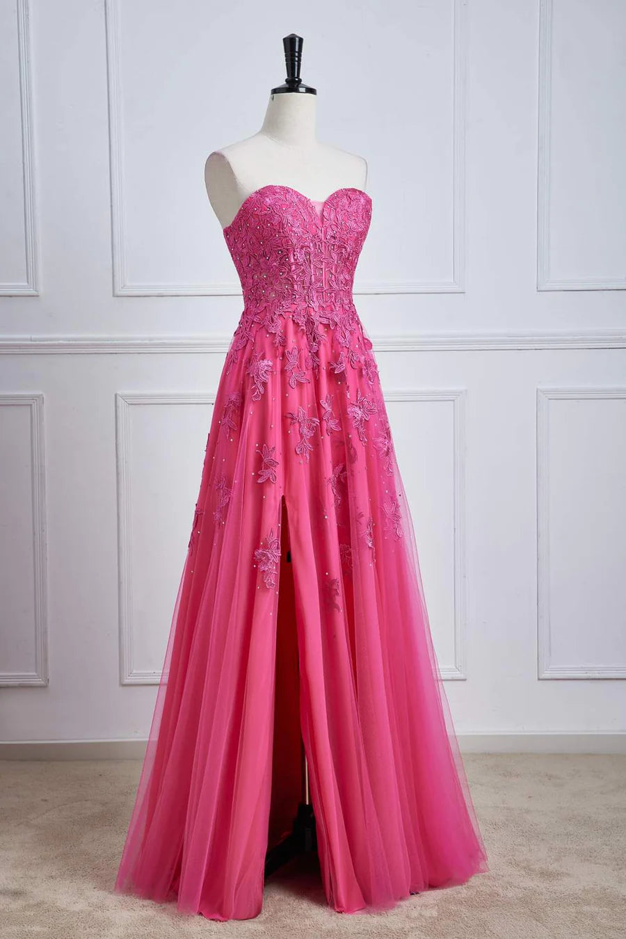 Long Fuchsia Prom Dresses Strapless A-line Floral Formal Wear Slit - MyChicDress