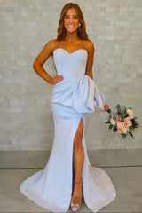 Long Ice Blue Formal Dress Satin Sweetheart Mermaid with Bow_front