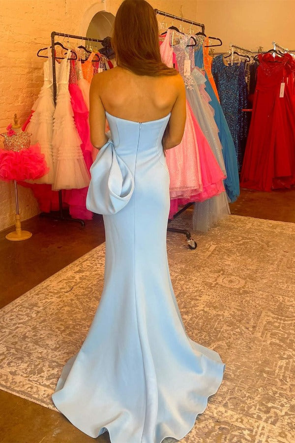 Long Ice Blue Formal Dress Satin Sweetheart Mermaid with Bow_back