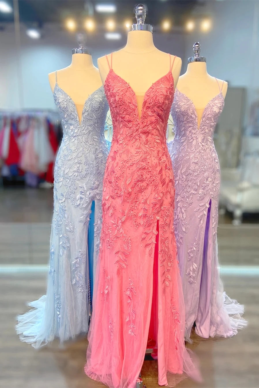 Long Lace Cheap Formal Dress Straps Appliques Mermaid Lace Up Back - MyChicDress