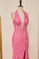 2024 Long Lace Prom Dress Hot Pink Halter Mermaid Formal Dress Appliques