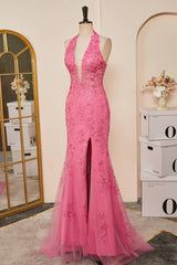 2024 Long Lace Prom Dress Hot Pink Halter Mermaid Formal Dress Appliques