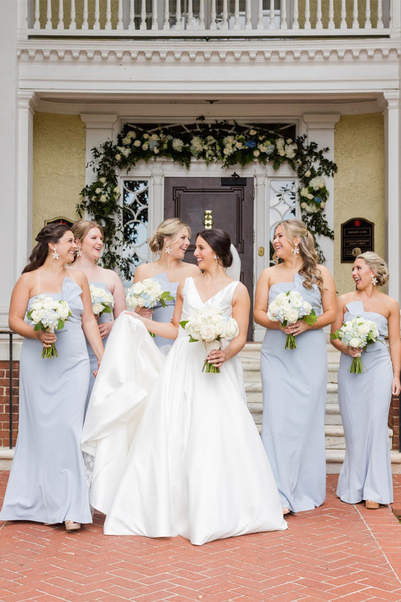 Long Light Blue Bridesmaid Dress Tie Front Strapless for Wedding Guests - MyChicDress