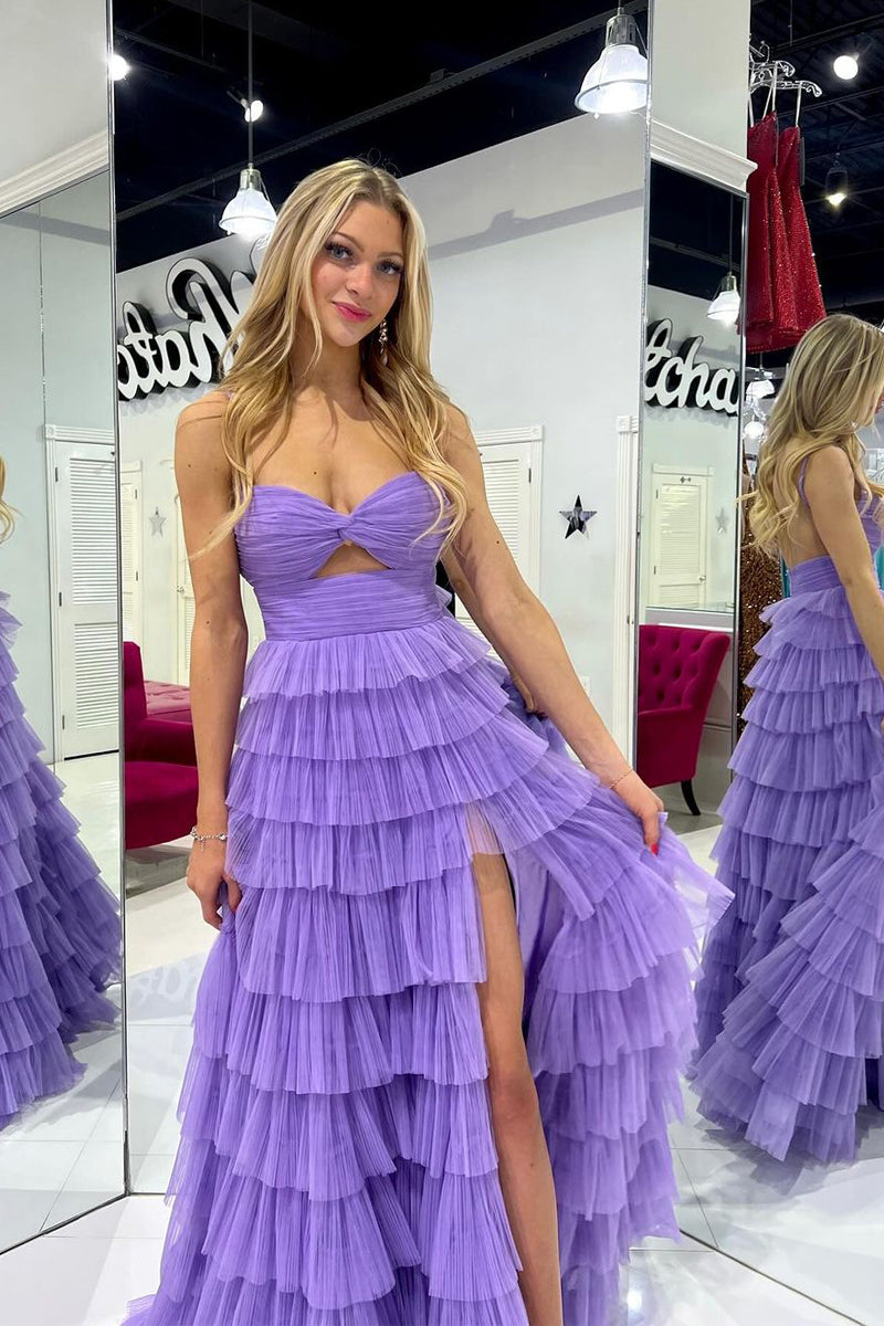 Long Purple Tulle Prom Dresses Ruffle Sweetheart Keyhole Slit - MyChicDress