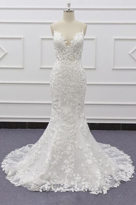 Long Mermaid Lace Beach Wedding Dress Appliques Spaghetti Strap - MyChicDress