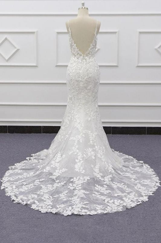 Long Mermaid Lace Beach Wedding Dress Appliques Spaghetti Strap - MyChicDress