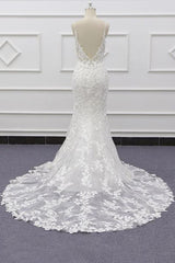 Long Mermaid Lace Beach Wedding Dress Appliques Spaghetti Strap