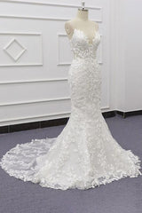 Long Mermaid Lace Beach Wedding Dress Appliques Spaghetti Strap - MyChicDress