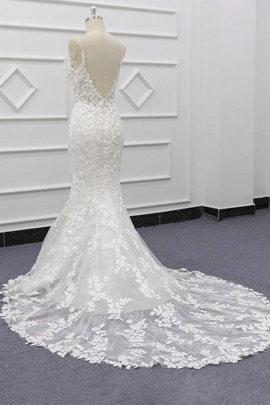 Long Mermaid Lace Beach Wedding Dress Appliques Spaghetti Strap - MyChicDress