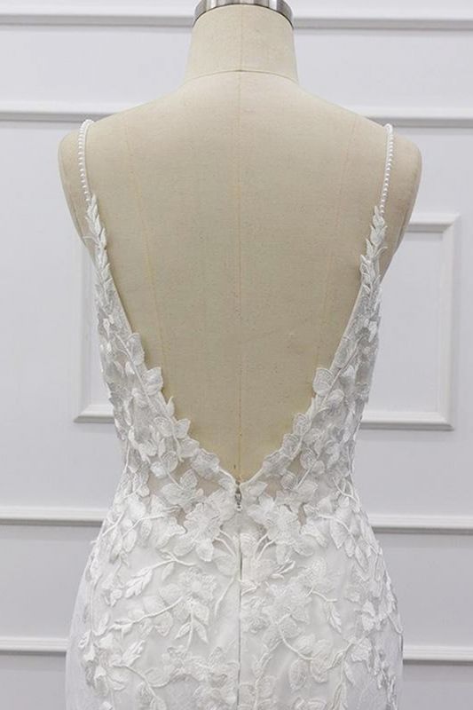 Long Mermaid Lace Beach Wedding Dress Appliques Spaghetti Strap - MyChicDress