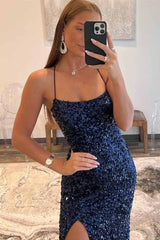 Long Mermaid Navy Blue Sequin Prom Dresses Straps Lace-Up - MyChicDress