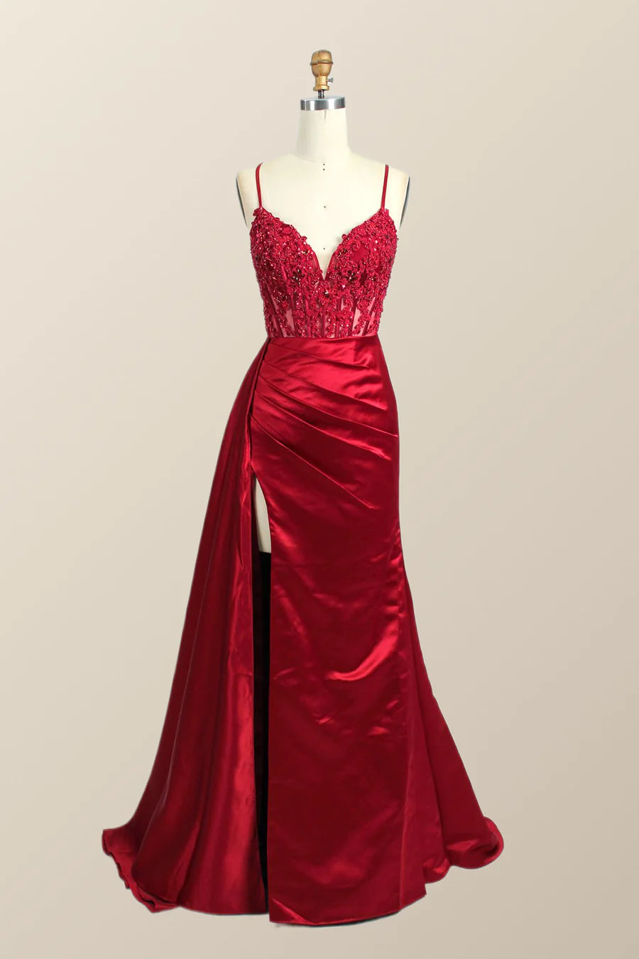 Long Mermaid Red Formal Dress Lace Straps Satin - MyChicDress