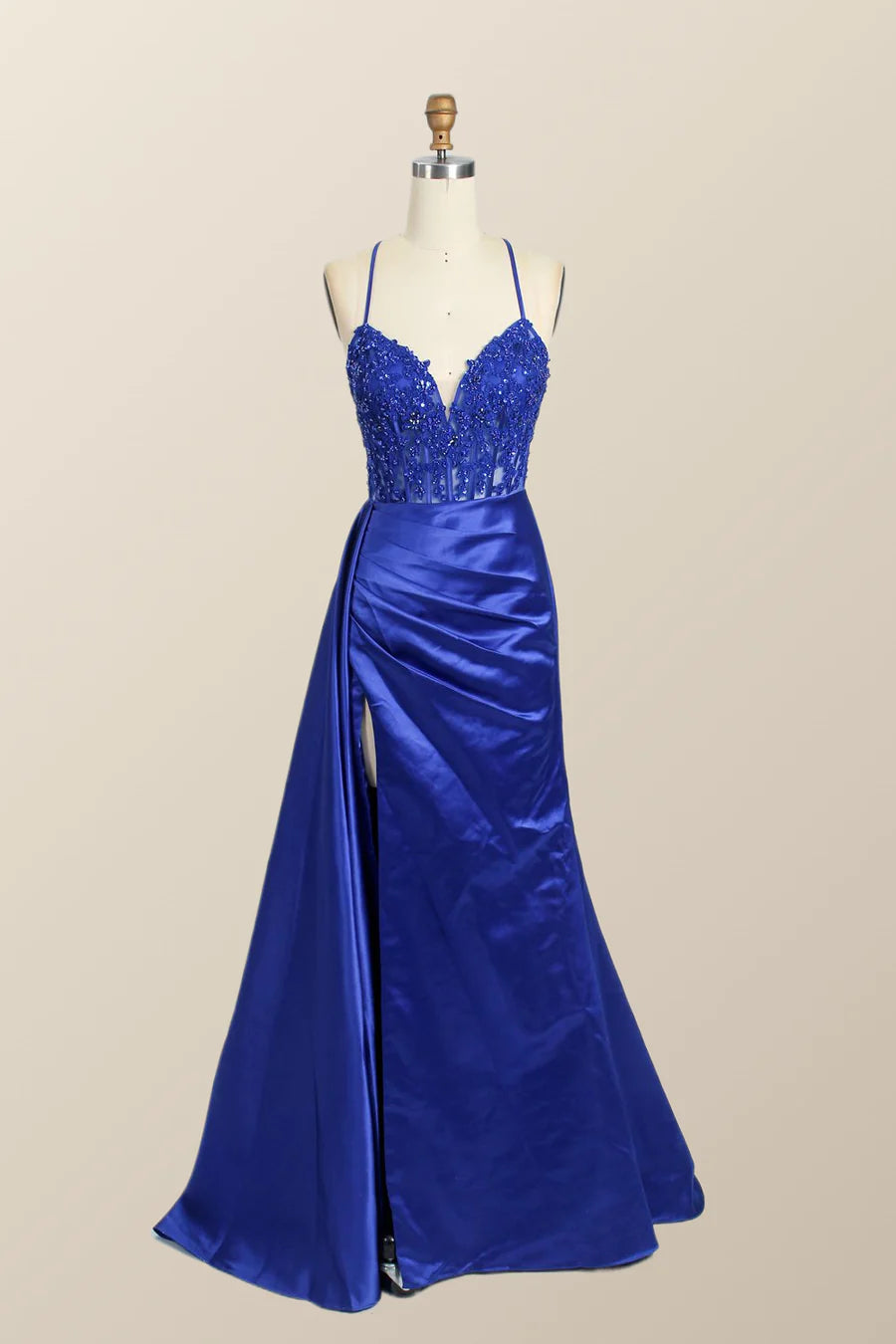 Long Mermaid Red Formal Dress Lace Straps Satin - MyChicDress