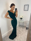 Long Mermaid Satin Emerald Wedding Guest Dress Off the Shoulder Maxi Dress