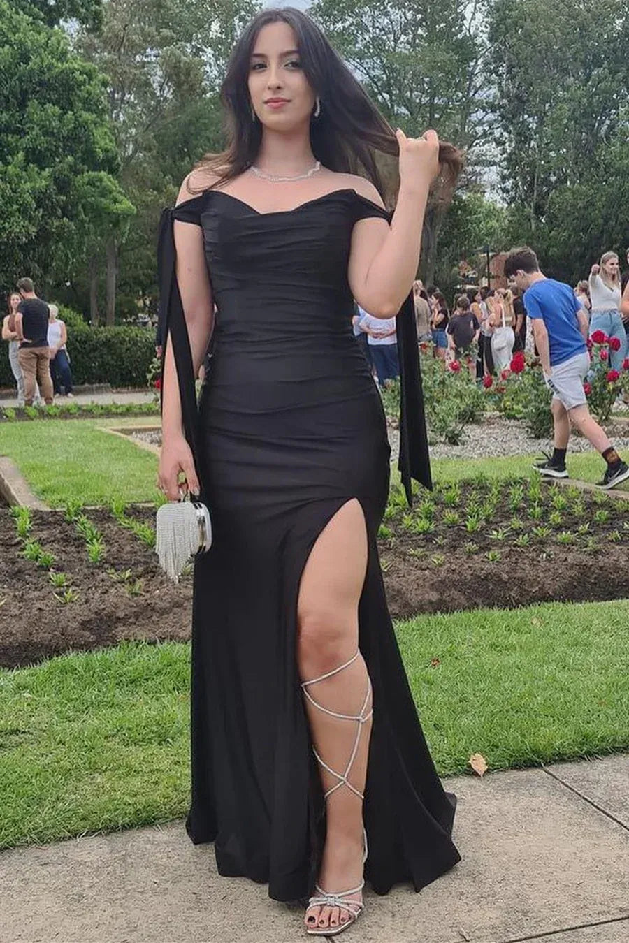 Long Mermaid Satin Formal Dress Pleated Off-Shoulder Sweetheart with Slit