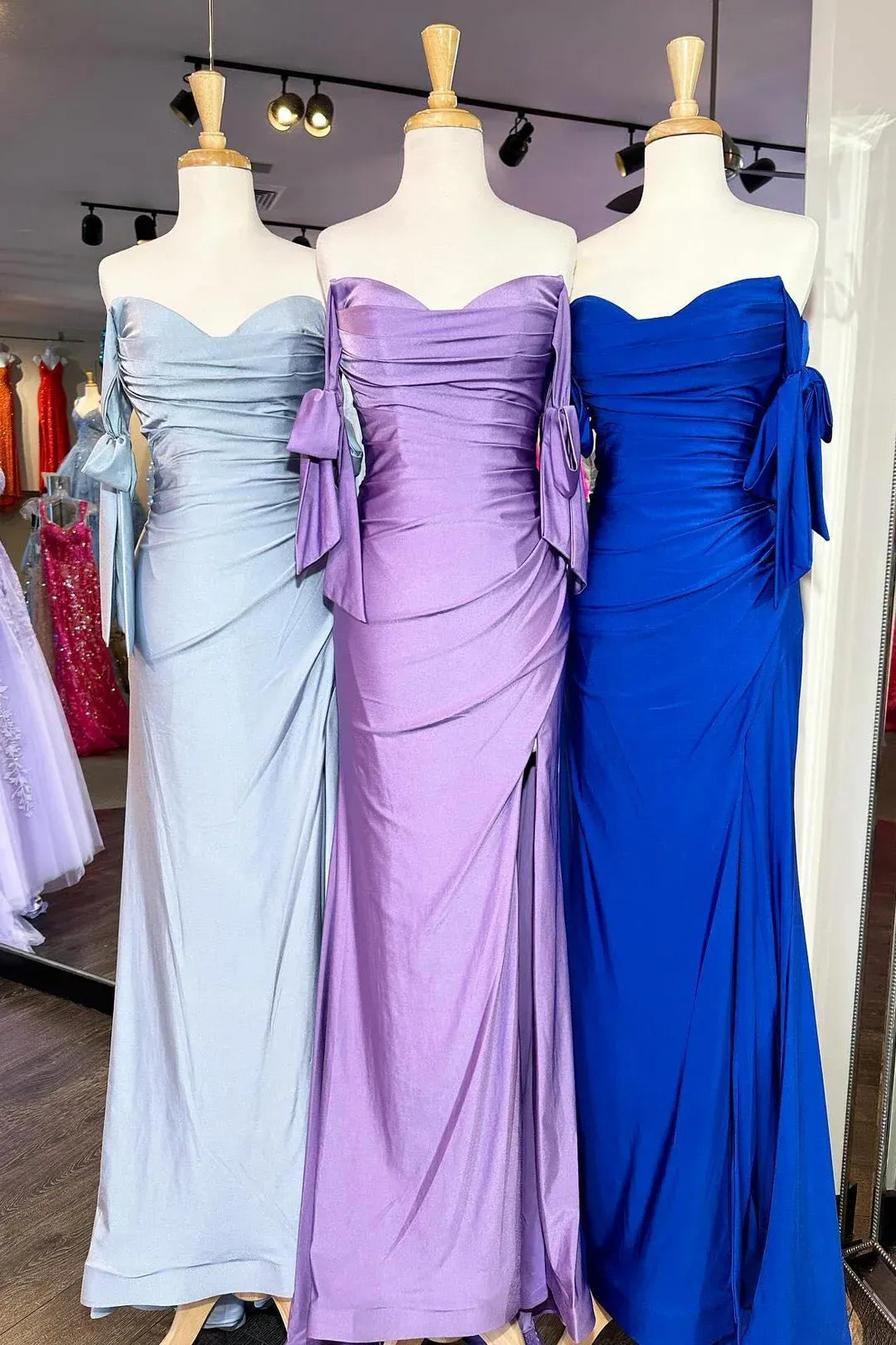 Long Mermaid Satin Formal Dress Pleated Off-Shoulder Sweetheart with Slit