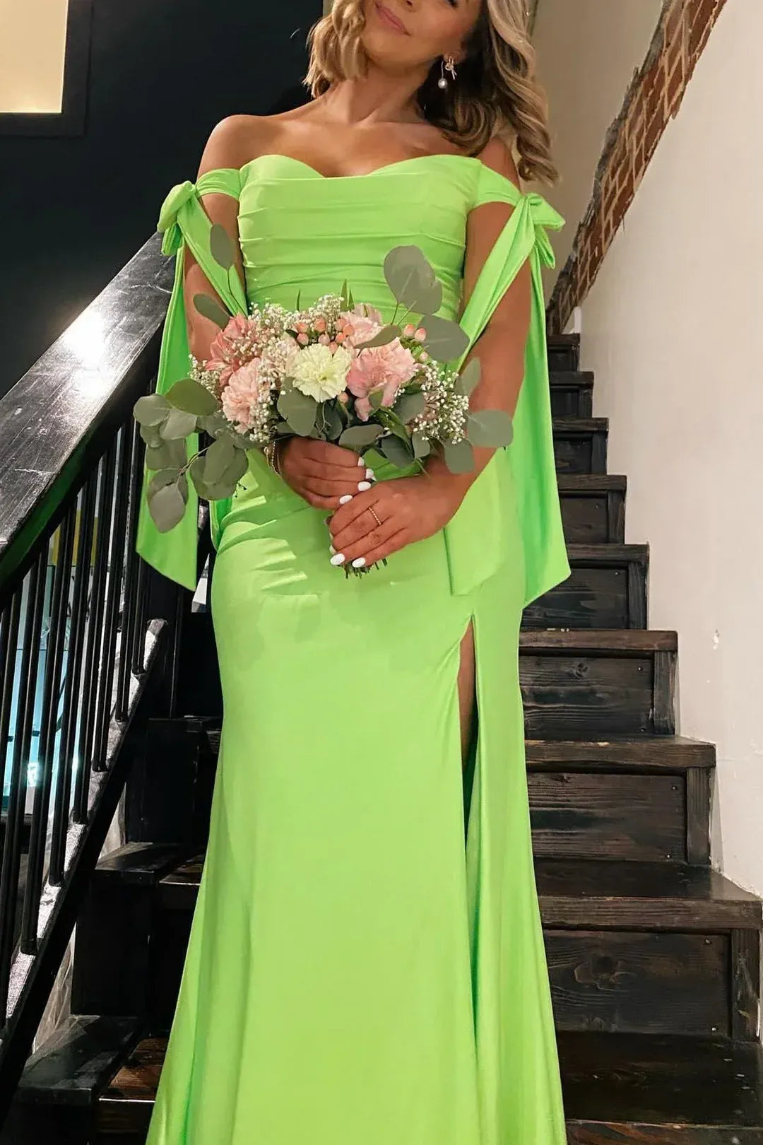 Long Mermaid Satin Formal Dress Pleated Off-Shoulder Sweetheart with Slit