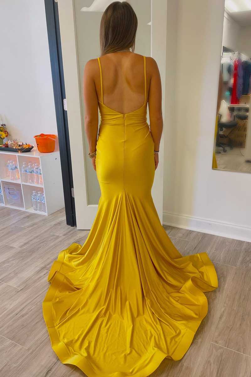 Long Mustard Yellow Prom Dresses Straps Mermaid Pleated – MyChicDress