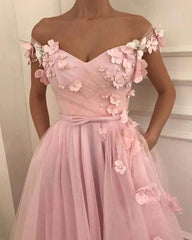 Long Pink Evening Gowns Flowers Tulle Off the Shoulder Prom Dresses Pearls